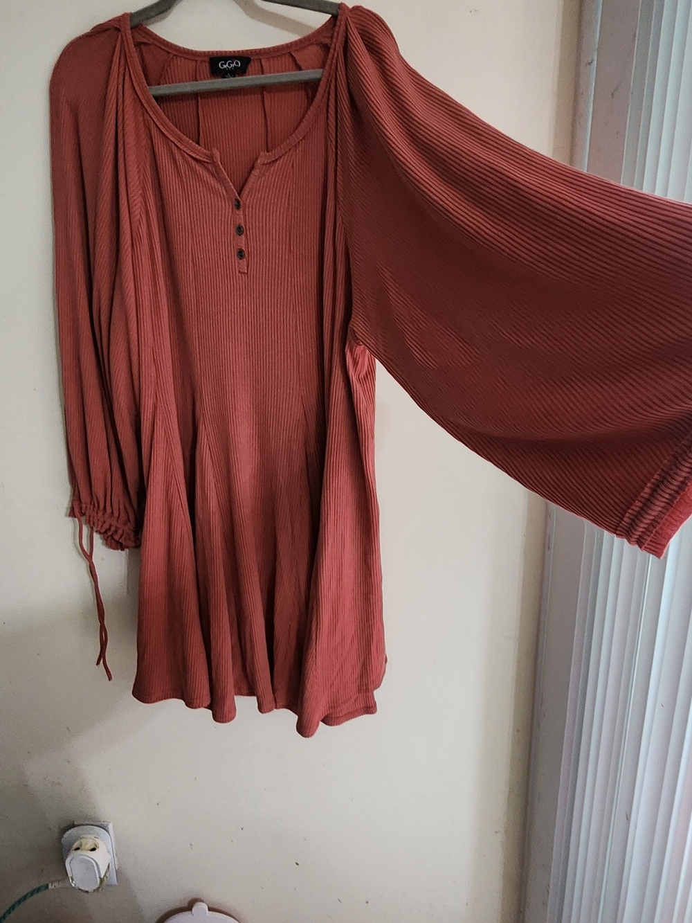 Ribbed Bell-Sleeve Tunic Top in Terracotta
